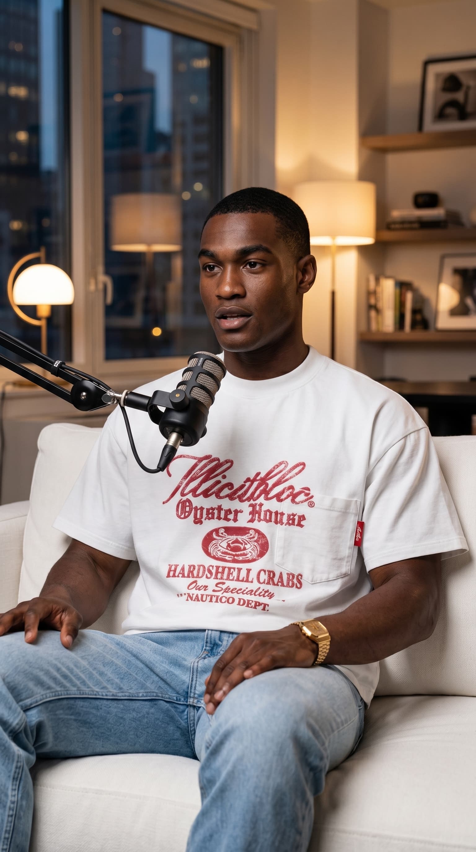 AI influencer sitting in a studio for a talking-head video