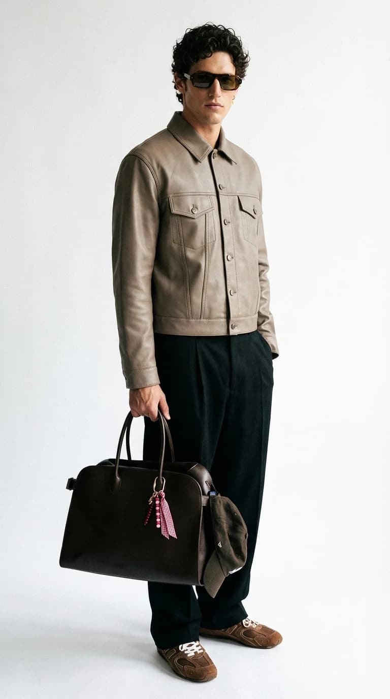 Model in a leather jacket with a black bag