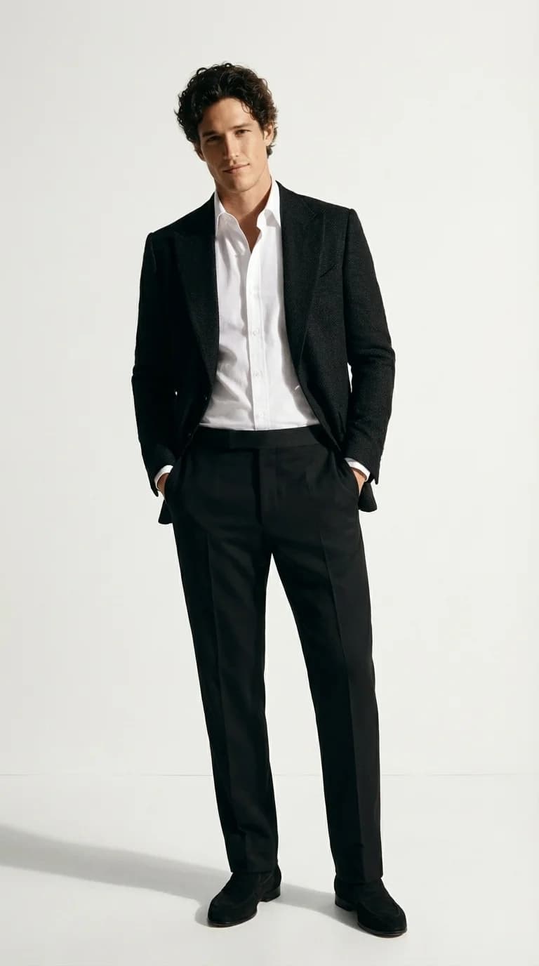 Model in a black suit and white shirt